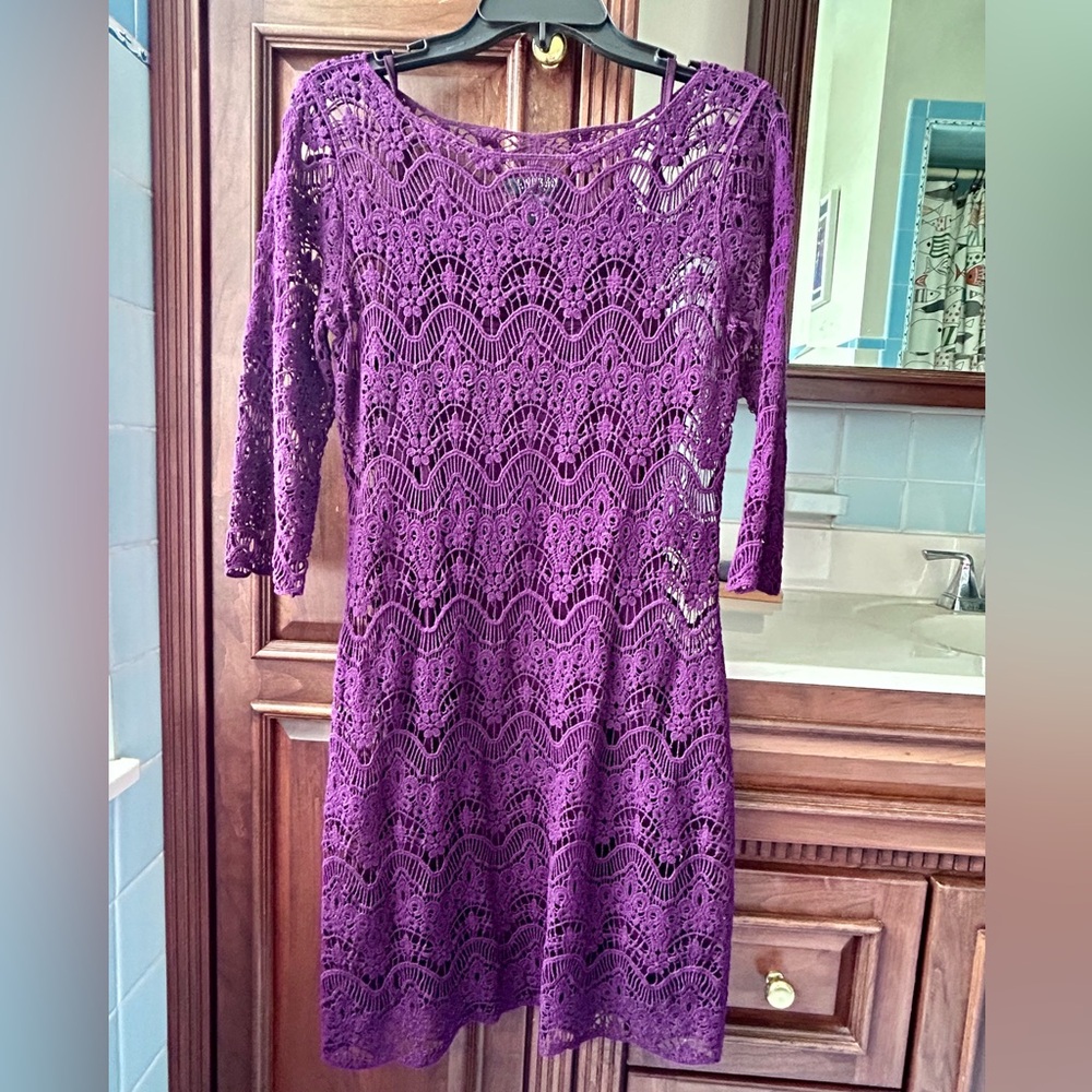 Lauren Ralph Lauren Size Medium M Purple Cotton Crochet Lace‎ Lined Dress fall